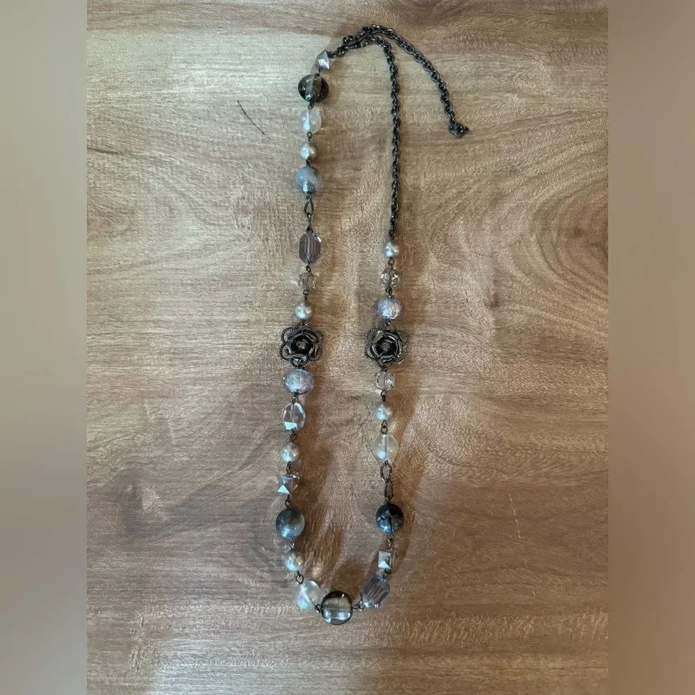 Grey & Gunmetal Tone Costume Fashion Necklace Floral Pearl Fairy Core Magical